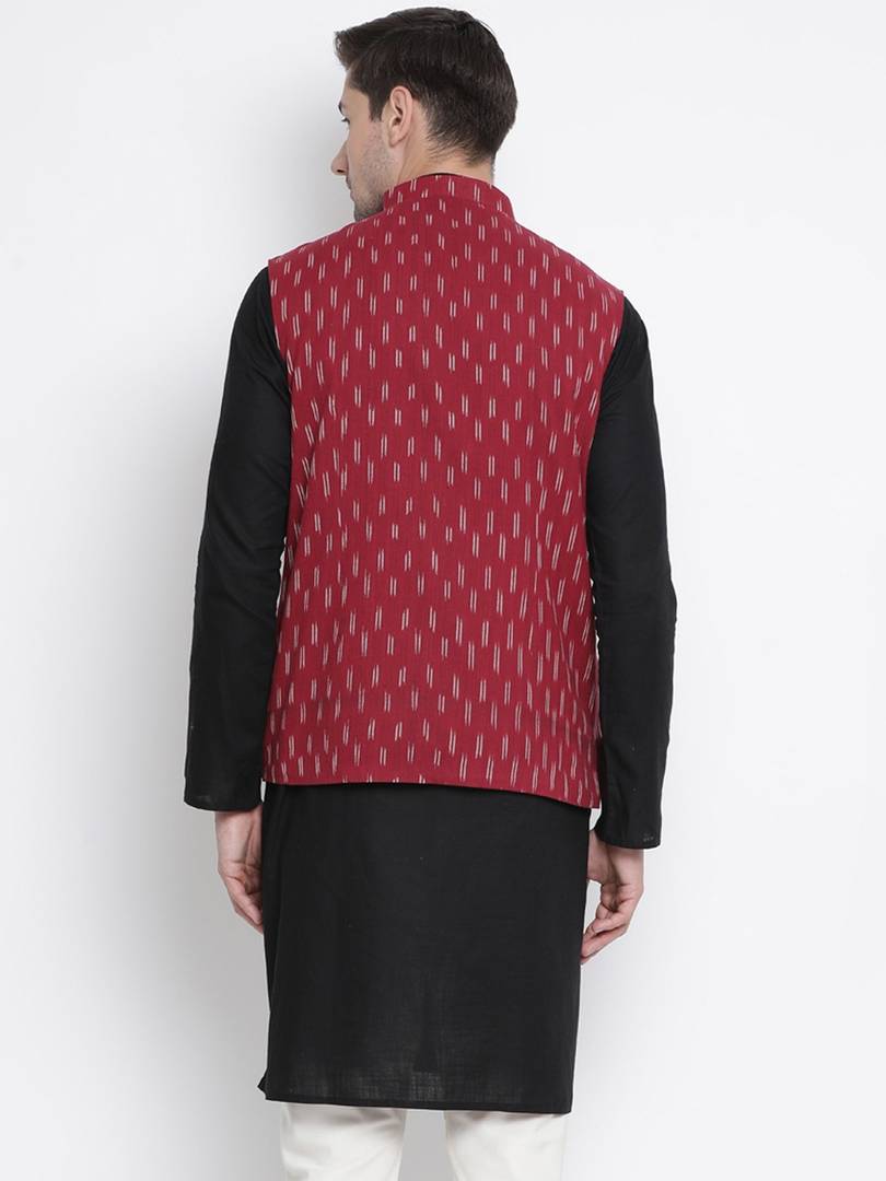 Men's Maroon Cotton
 Woven Design Nehru Jackets
